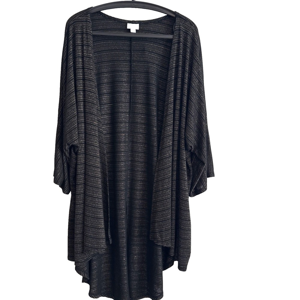 LuLaRoe Black Gold Metallic Stripe Open Cardigan Kimono L Shimmer Oversize Fairy